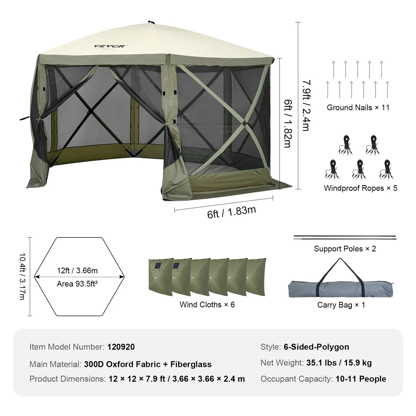 【fathersdaygift】12x12FT Pop-Up Camping Gazebo Screen Tent with Mesh Windows & Carry Bag