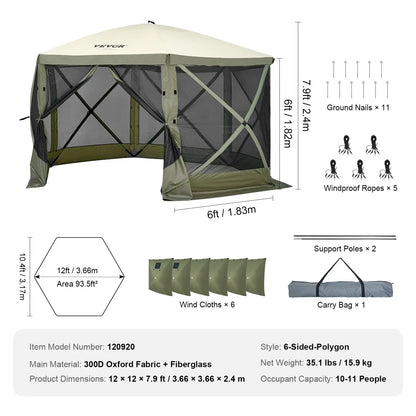 【fathersdaygift】12x12FT Pop-Up Camping Gazebo Screen Tent with Mesh Windows & Carry Bag