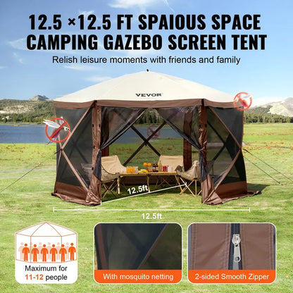 【fathersdaygift】12x12FT Pop-Up Camping Gazebo Screen Tent with Mesh Windows & Carry Bag