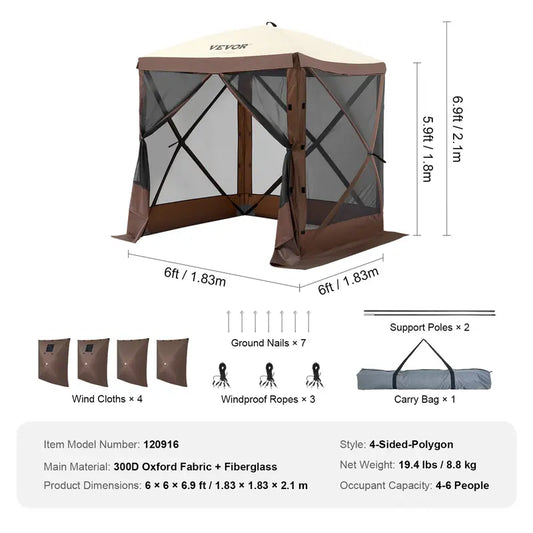 【fathersdaygift】12x12FT Pop-Up Camping Gazebo Screen Tent with Mesh Windows & Carry Bag