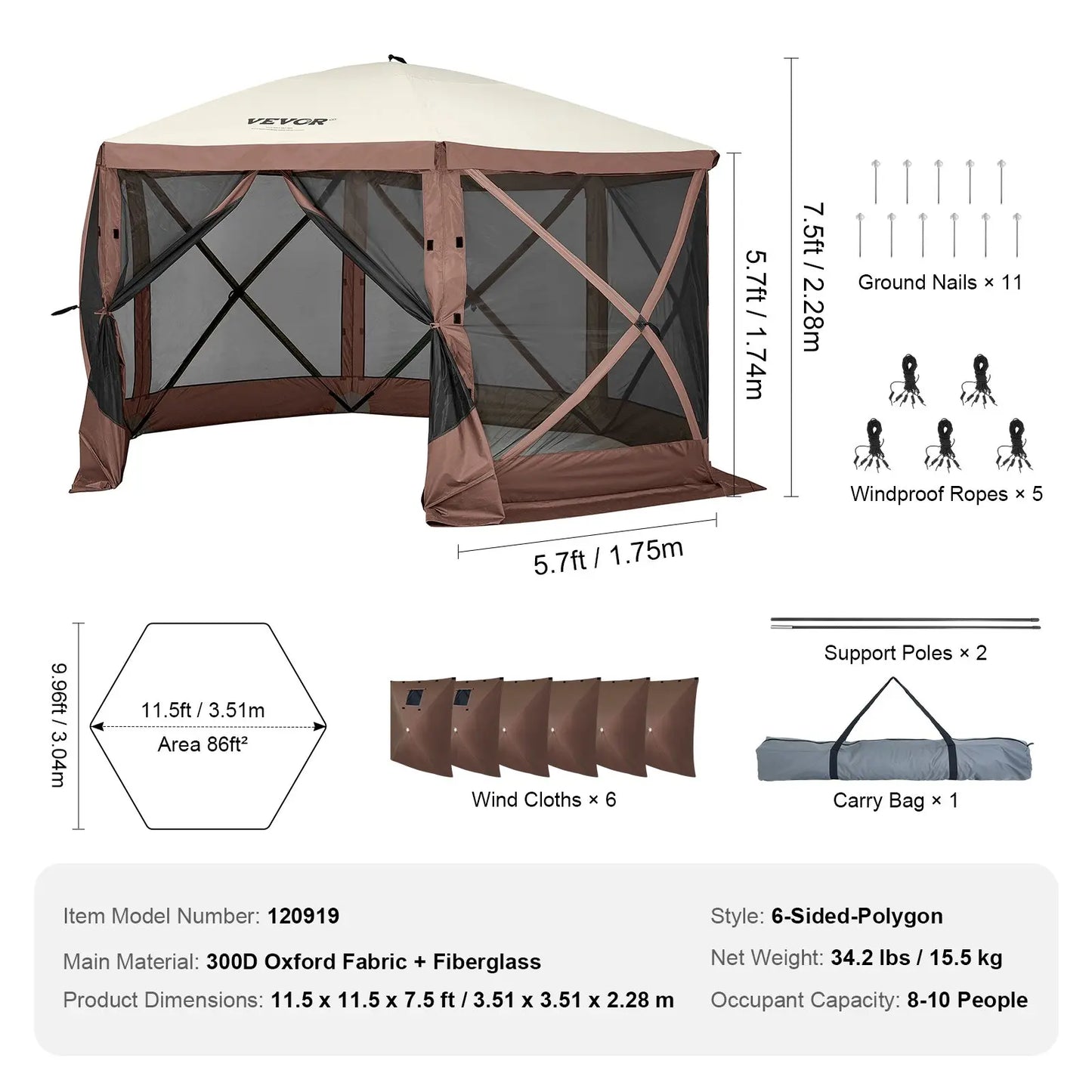 【fathersdaygift】12x12FT Pop-Up Camping Gazebo Screen Tent with Mesh Windows & Carry Bag