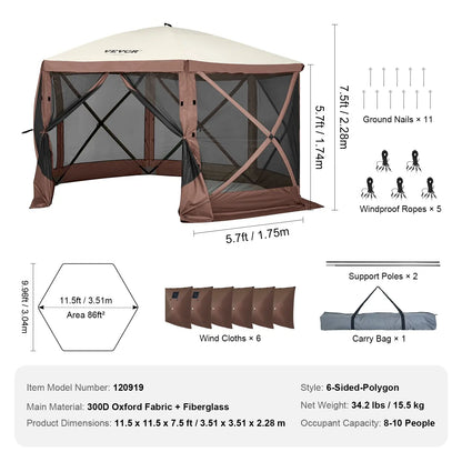 【fathersdaygift】12x12FT Pop-Up Camping Gazebo Screen Tent with Mesh Windows & Carry Bag