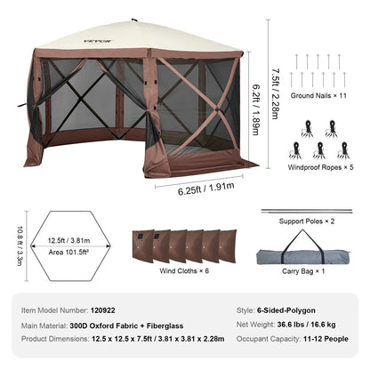 【fathersdaygift】12x12FT Pop-Up Camping Gazebo Screen Tent with Mesh Windows & Carry Bag