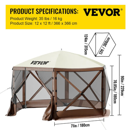 【fathersdaygift】12x12FT Pop-Up Camping Gazebo Screen Tent with Mesh Windows & Carry Bag
